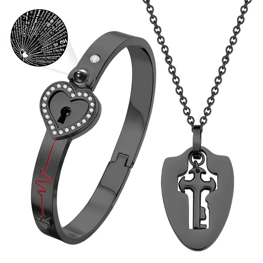 Custom Projection Couple Bracelets & Necklace Shield Key Pendant Necklace and Lock Bracelet You Hold the Key to My Heart Valentine's Day Gift