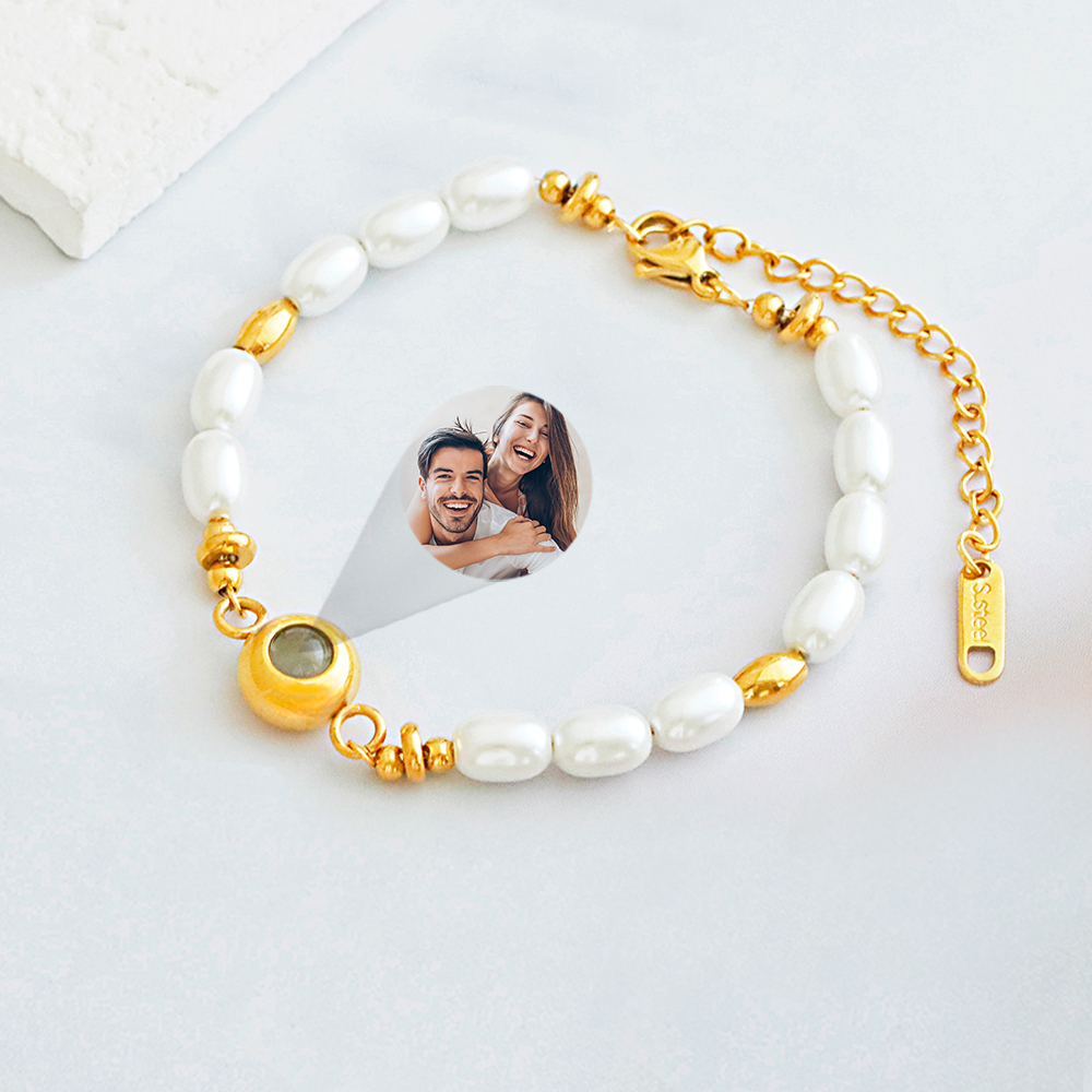 Personalized Photo Projection Circle Bracelet 18k Gold Plated Stainless Steel Pearl Bracelet Pearl Bracelet Gift for Her