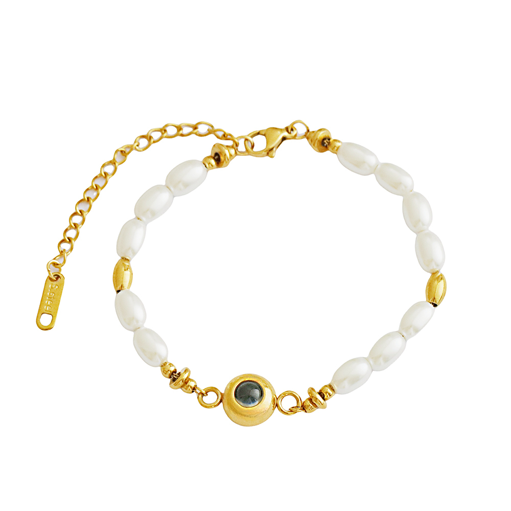Personalized Photo Projection Circle Bracelet 18k Gold Plated Stainless Steel Pearl Bracelet Pearl Bracelet Gift for Her