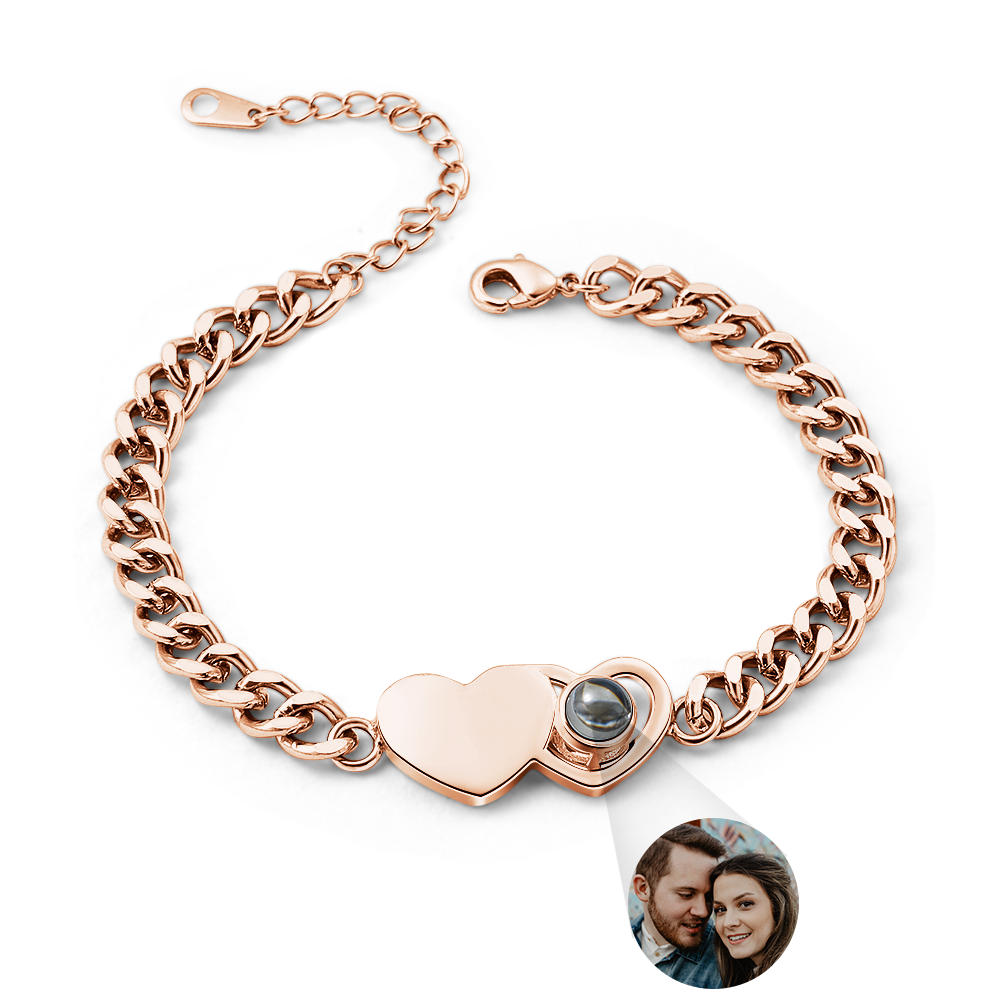 Custom Bracelet Personalized Photo Projection Bracelet Heart-Shaped Cuban Chain Bracelet Best Christmas Gift For Couples