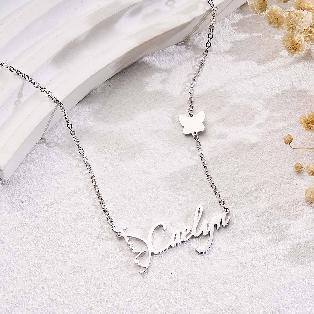 Customized Name Necklace Butterfly Necklace for Women Handwriting with Sideways Butterfly Charm Elegant Butterfly Design Gift for Friend - soufeelus