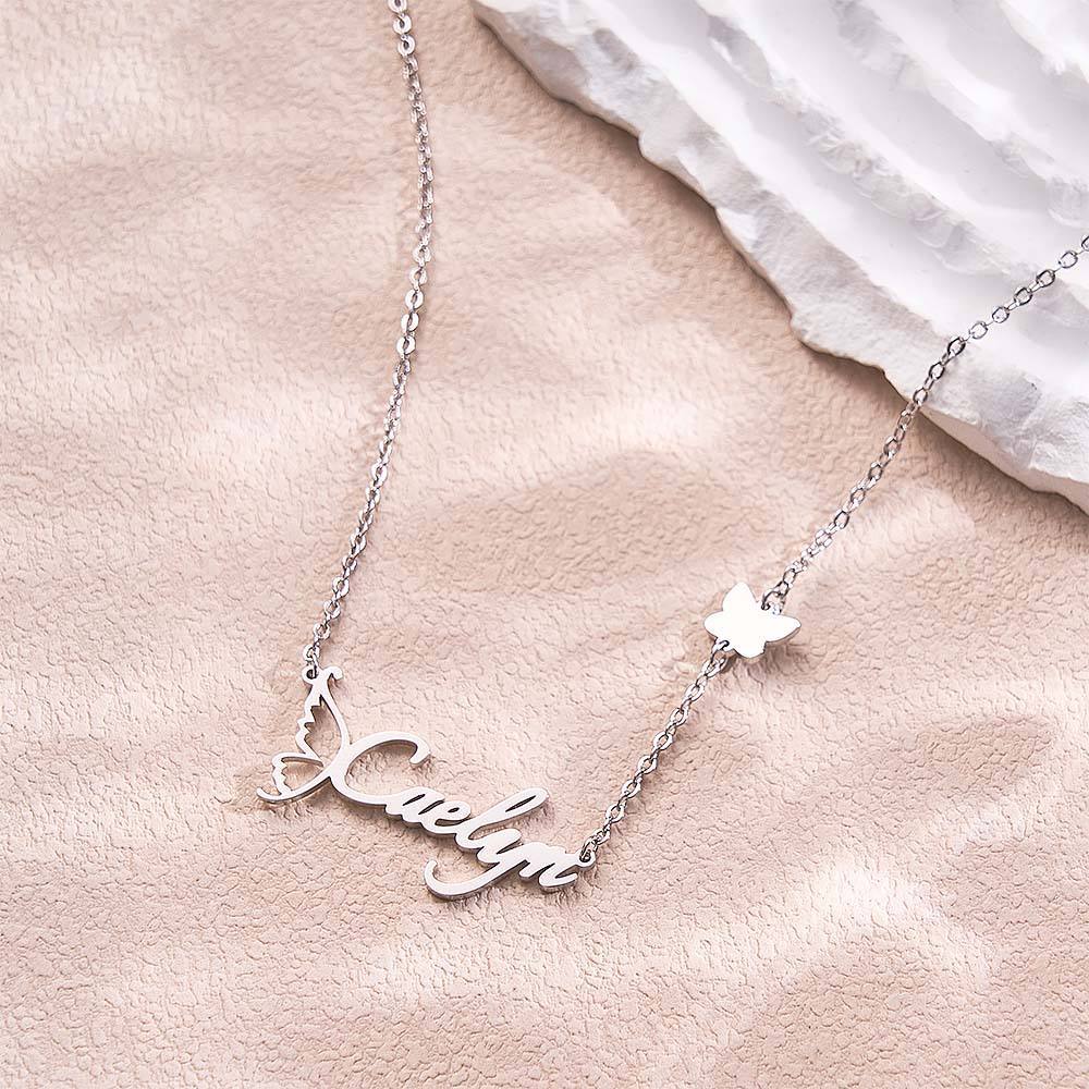 Customized Name Necklace Butterfly Necklace for Women Handwriting with Sideways Butterfly Charm Elegant Butterfly Design Gift for Friend - soufeelus