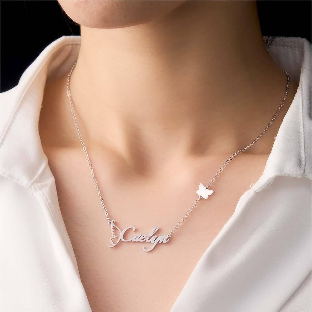Customized Name Necklace Butterfly Necklace for Women Handwriting with Sideways Butterfly Charm Elegant Butterfly Design Gift for Friend - soufeelus