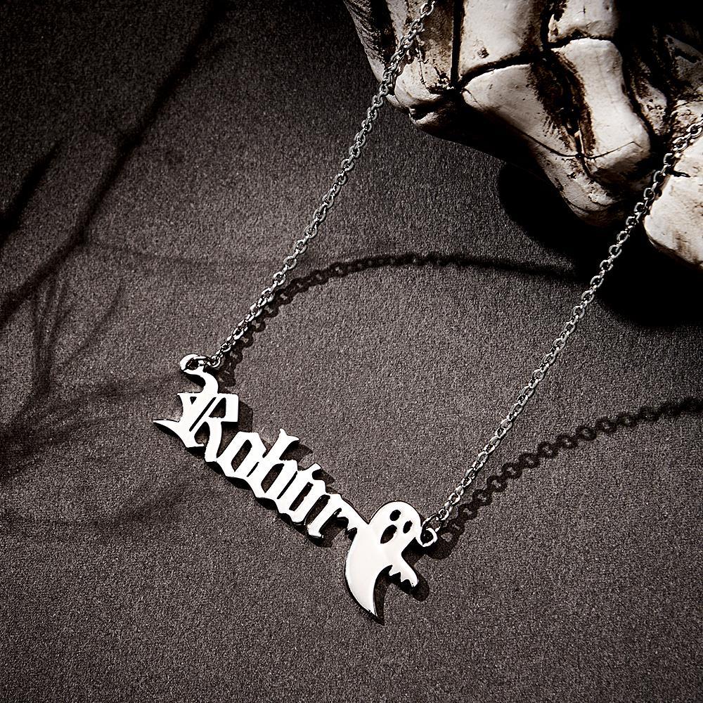 Personalized Ghost Name Necklace Custom Old English Gothic Font Pendant Necklace Minimalist Ghost Jewelry Spooky Halloween Gift for Kids - soufeelus
