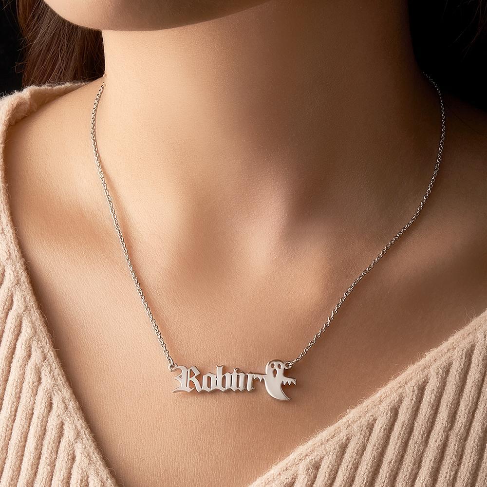 Personalized Ghost Name Necklace Custom Old English Gothic Font Pendant Necklace Minimalist Ghost Jewelry Spooky Halloween Gift for Kids - soufeelus
