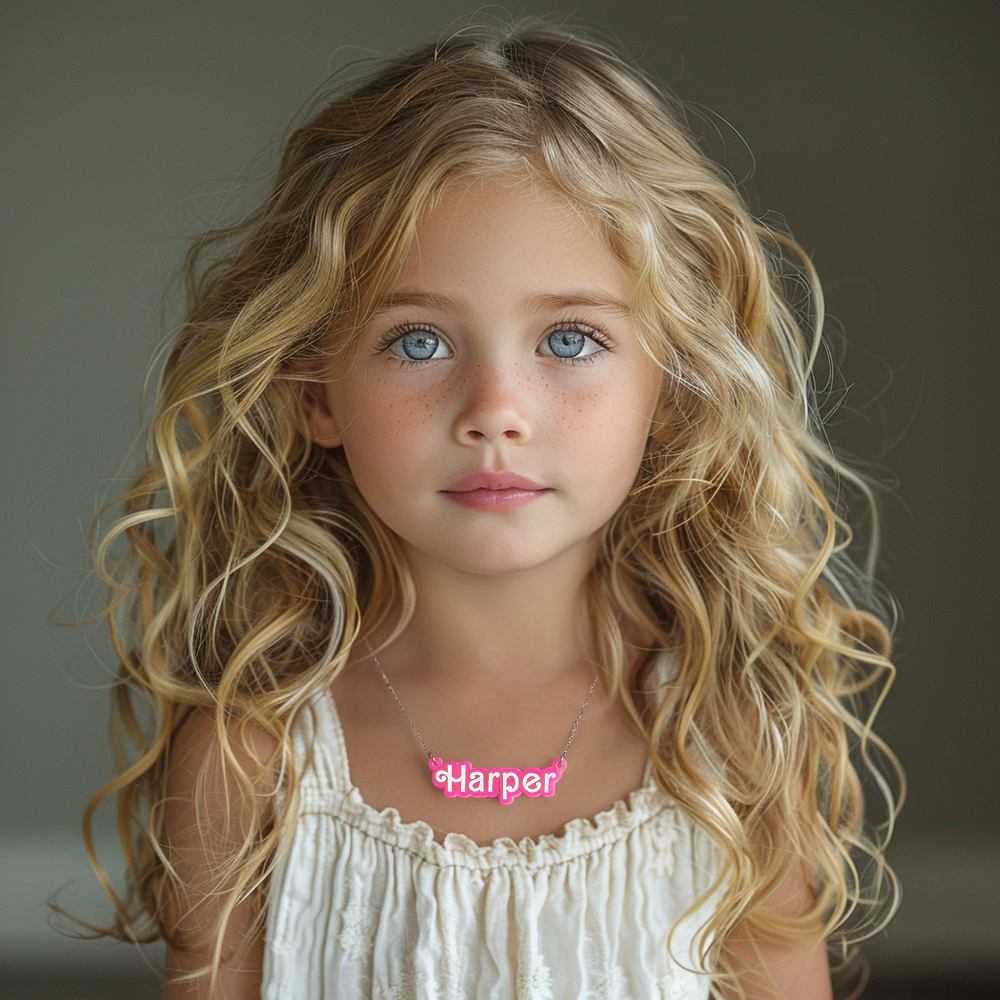 Personalized Pink and White Barbi Doll Acrylic Necklace with Name Christmas Birthday Valentine's Day Gift for Her