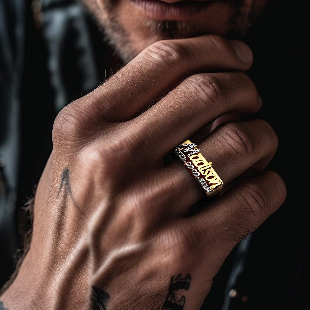 Personalized Hip Hop Name Ring With Double Hearts Initial Ring Jewelry Gift for Men Women - soufeelus