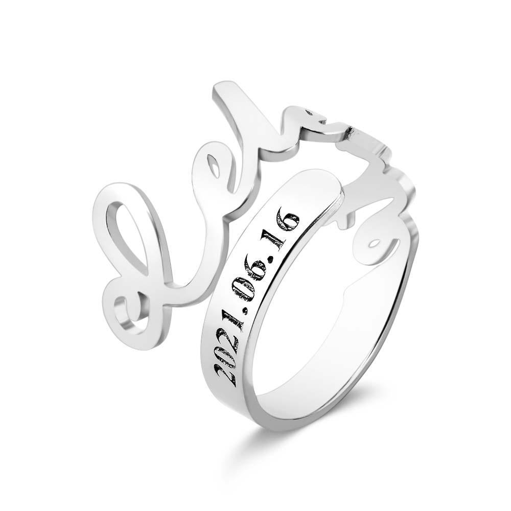 Minimalist Spiral Engraved Name Adjustable Open Ring Personalized Text Commemorative Ring - soufeelus