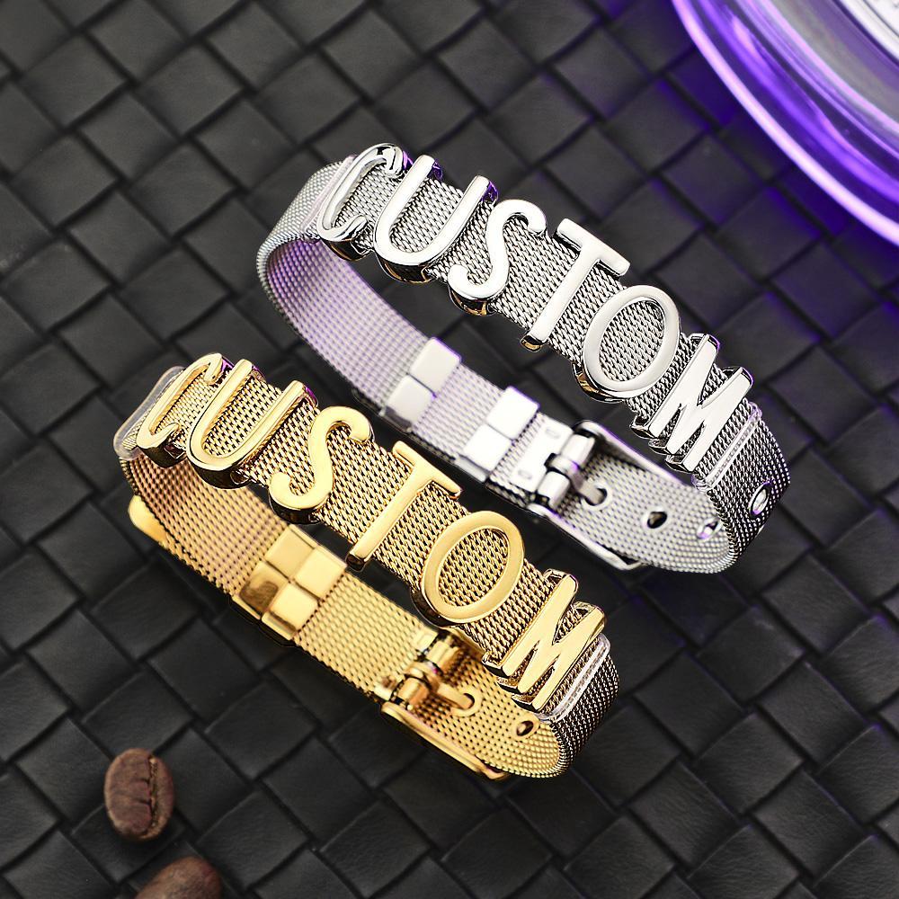 Men Wristband Custom Punk Jewelry Wide Nylon Band Bracelet DIY Custom 1-8 Initial Letter Charm - soufeelus