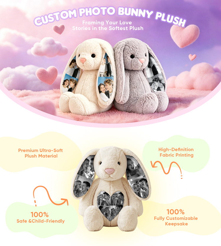 Custom Photo Bunny Plush, Personalized Hidden Ear Memory Bunny with Graduation Cap, Class of 2026 Gift detail image 1