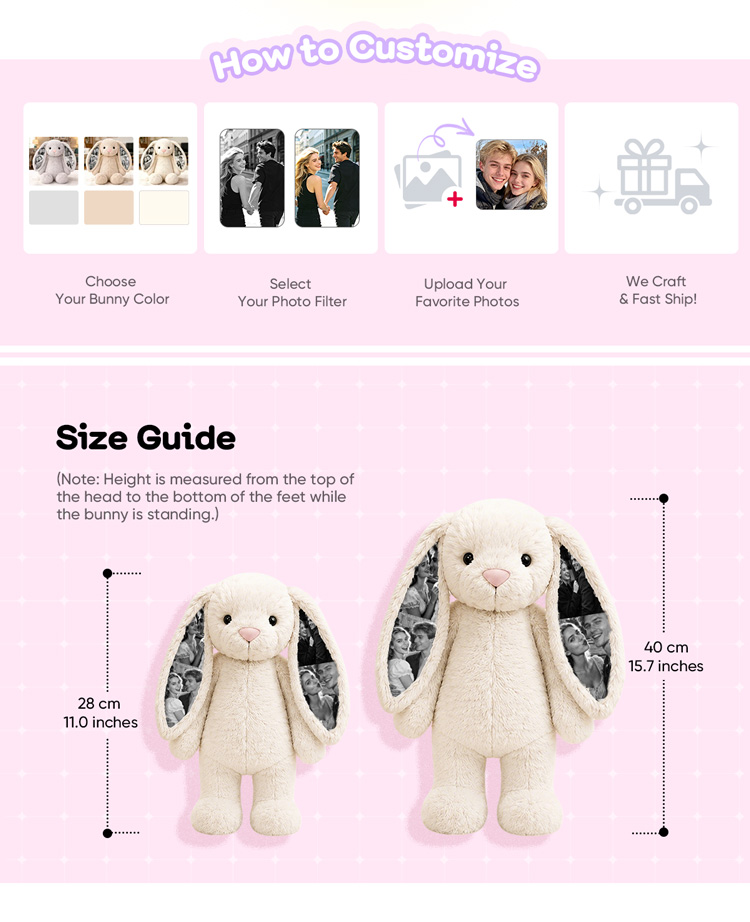 Custom Photo Bunny Plush, Personalized Hidden Ear Memory Bunny with Graduation Cap, Class of 2026 Gift detail image 3