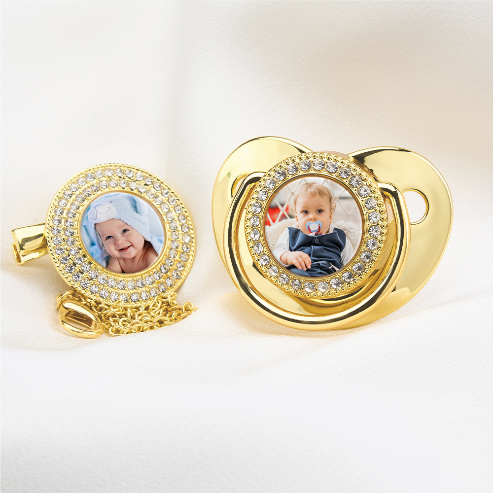 Luxury Personalized Photo Bling Gold Pacifier Set with Clip and Holder Custom Name Baby Gift for Baby Shower