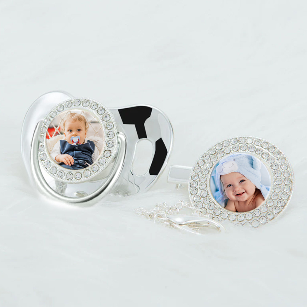 Luxury Personalized Photo Bling Gold Pacifier Set with Clip and Holder Custom Name Baby Gift for Baby Shower