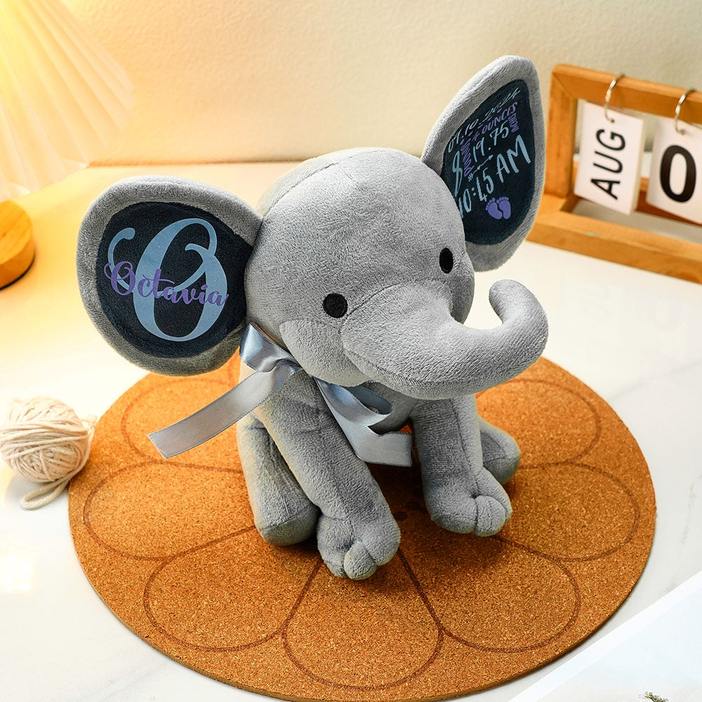 Personalized Elephant Plush Stuffed Animal Birth Announcement Gift for Baby detail