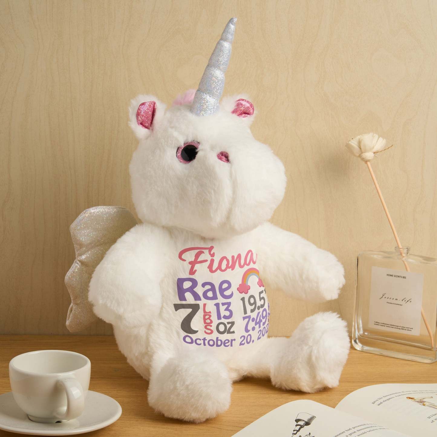 Personalized Unicorn Plush Stuffed Animal Birth Announcement Gift for Baby Shower - soufeelus