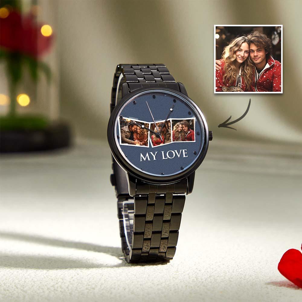 Personalized Engraved Men's Black Alloy Bracelet Photo Watch To My Boyfriend I Love You Gifts - soufeelus