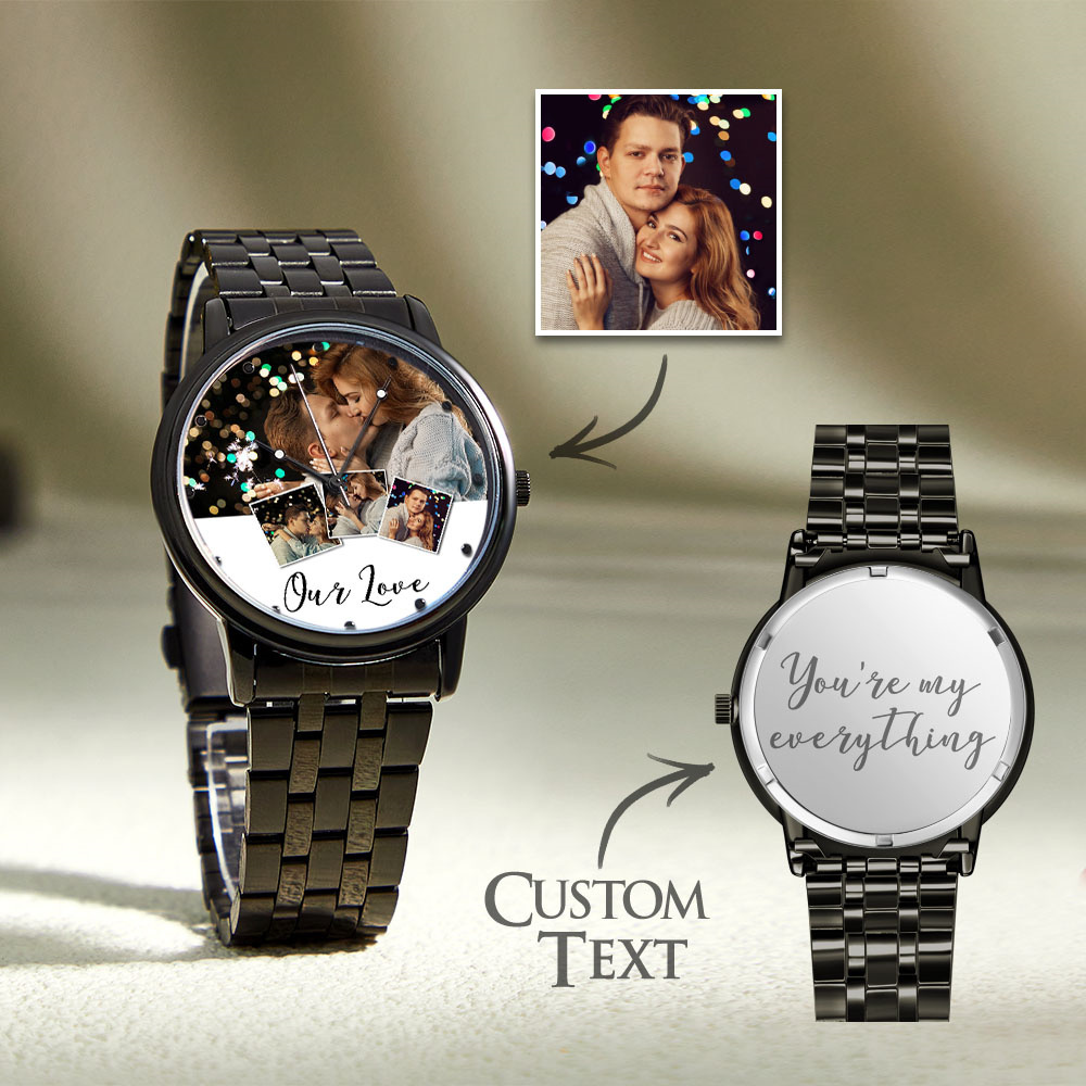 Personalized Engraved Photo Watch Men's Black Alloy Bracelet Photo Watch Valentine's Day Gifts To Boyfriend - soufeelus