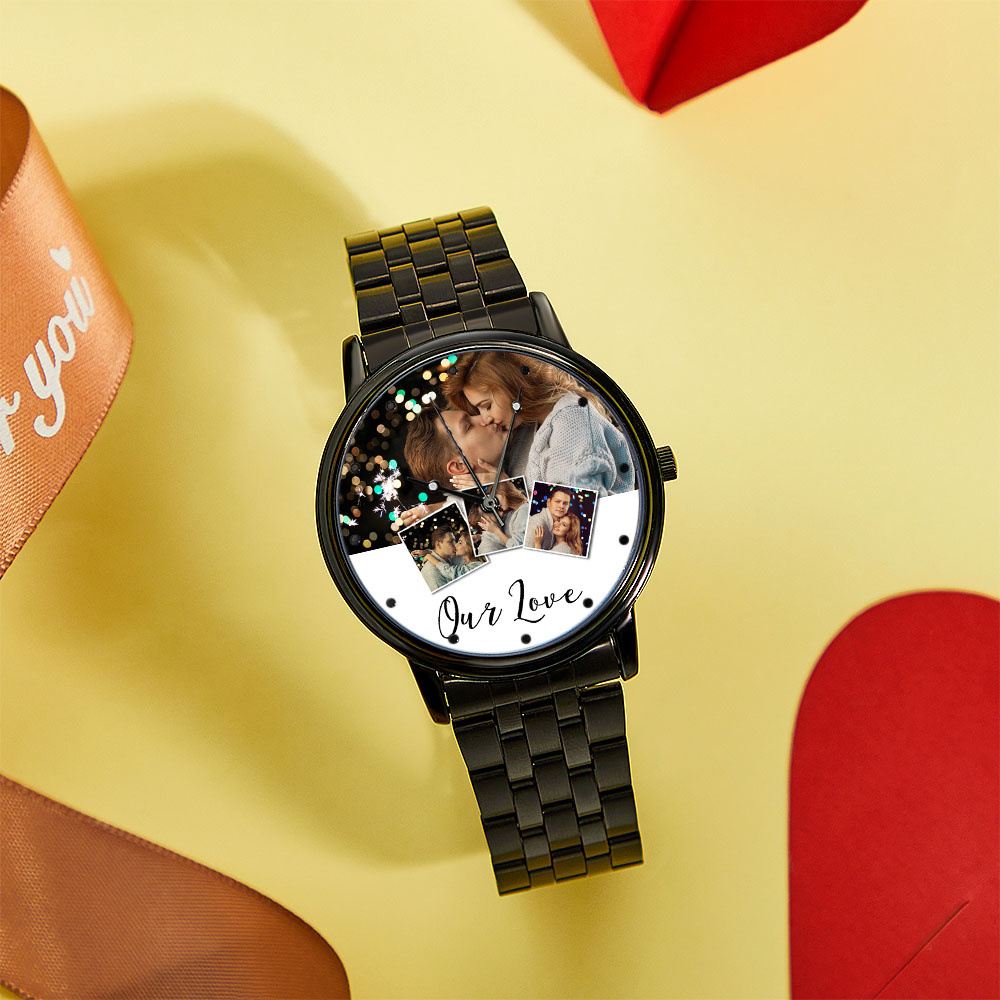 Personalized Engraved Photo Watch Men's Black Alloy Bracelet Photo Watch Valentine's Day Gifts To Boyfriend - soufeelus