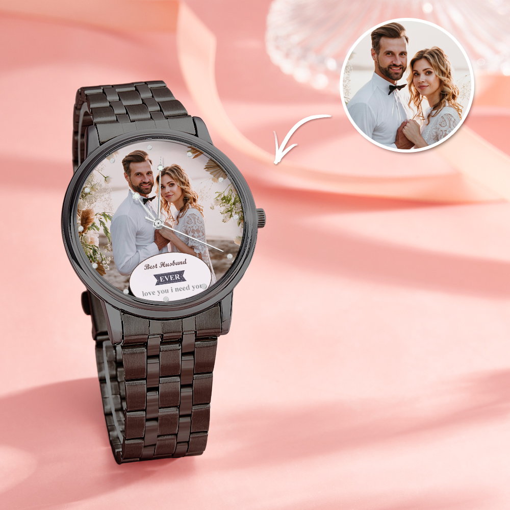Personalized Engraved Photo Watch Black Alloy Bracelet Photo Watch Valentine's Day Gifts For Him - soufeelus