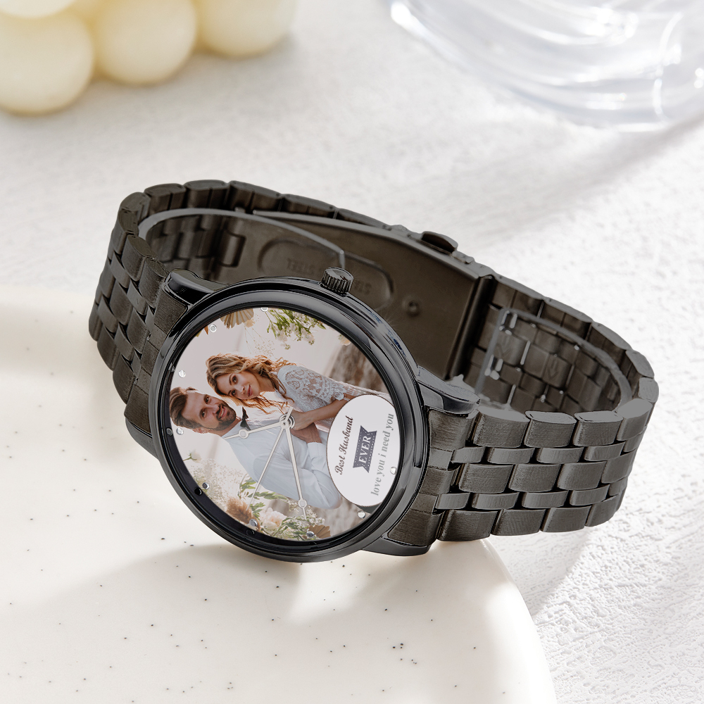 Personalized Engraved Photo Watch Black Alloy Bracelet Photo Watch Valentine's Day Gifts For Him - soufeelus