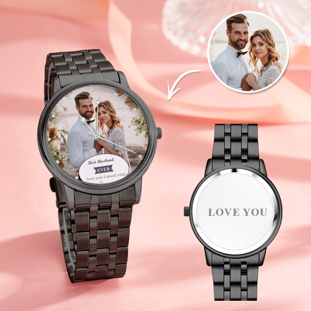 Personalized Engraved Photo Watch Black Alloy Bracelet Photo Watch Valentine's Day Gifts For Him - soufeelus