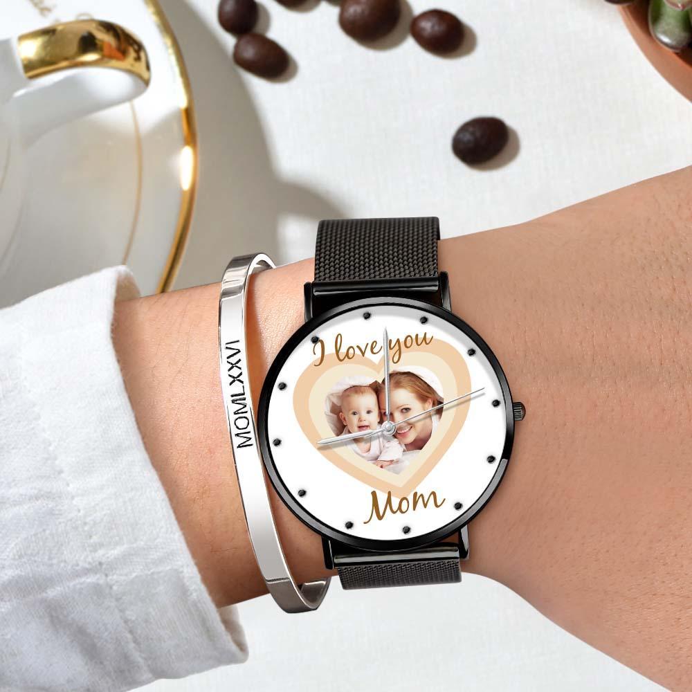 Personalized Heart Engraved Photo Watches With Alloy Strap Mother's Day Gift For Mom - soufeelus