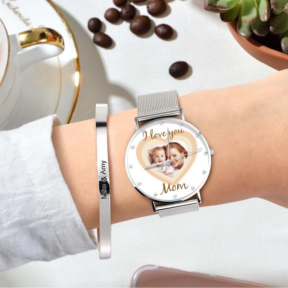 Personalized Heart Engraved Photo Watches With Alloy Strap Mother's Day Gift For Mom - soufeelus