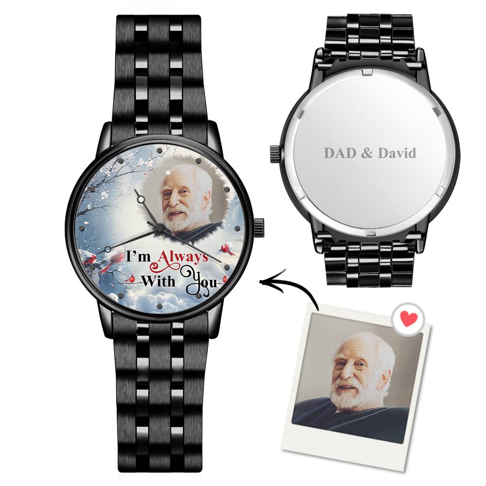Engraved Men's Black Alloy Bracelet Photo Watch I'm Always With You Memorial Gift For Him - soufeelus