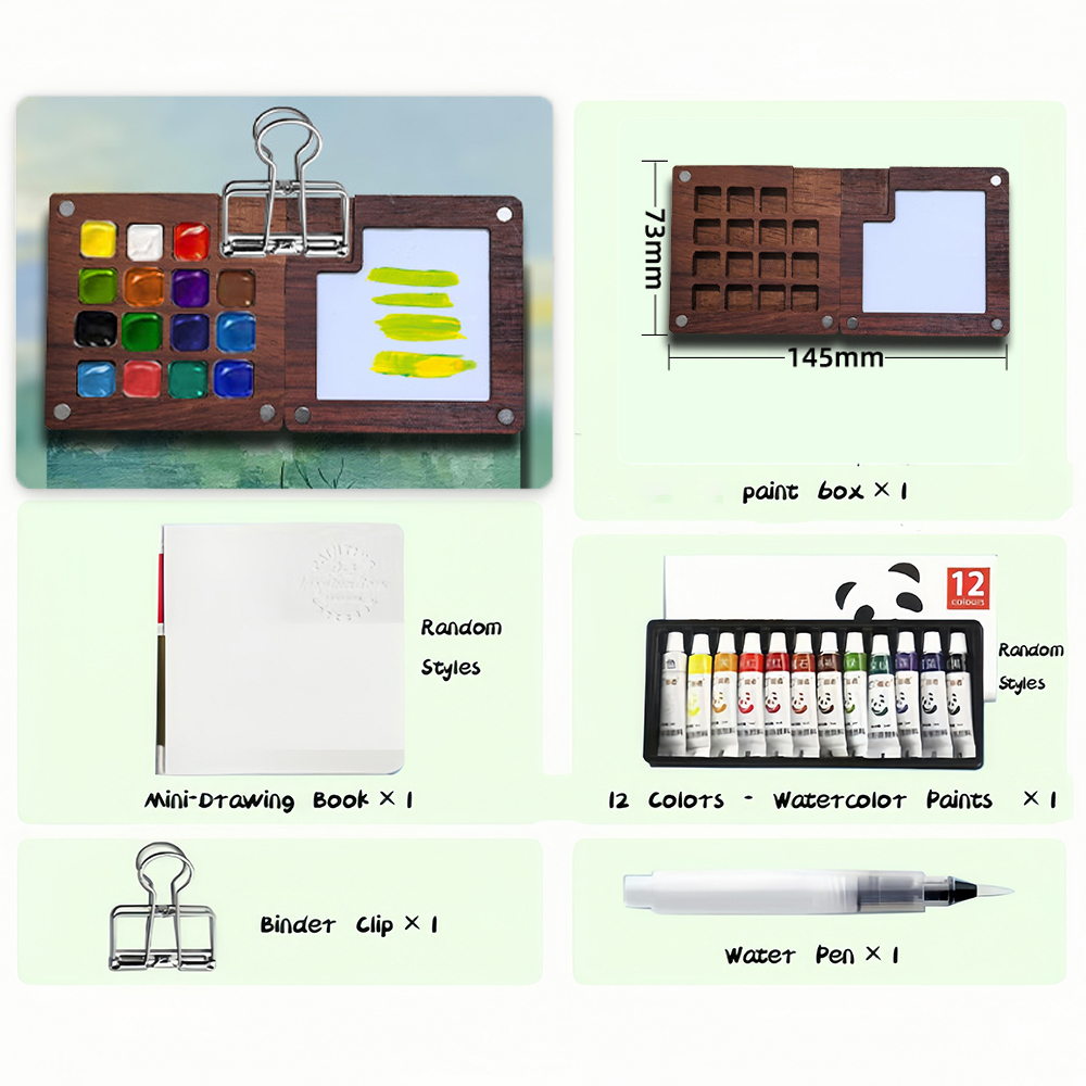 Mini Walnut Color Box Watercolor Package 8 Colors Portable Sketch Journal Book Travel Watercolor Painting Set