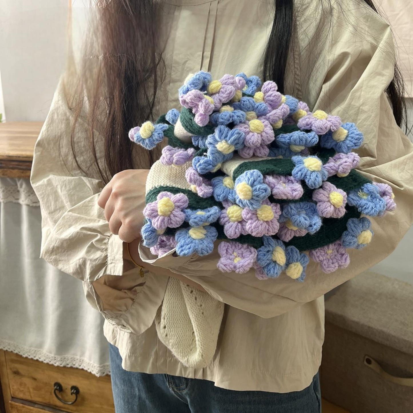 Hand-Knitted Daisy Blanket Bouquet Blanket Ready-Made Hand-Woven Flower Blanket Gift For Mother And Girlfriend
