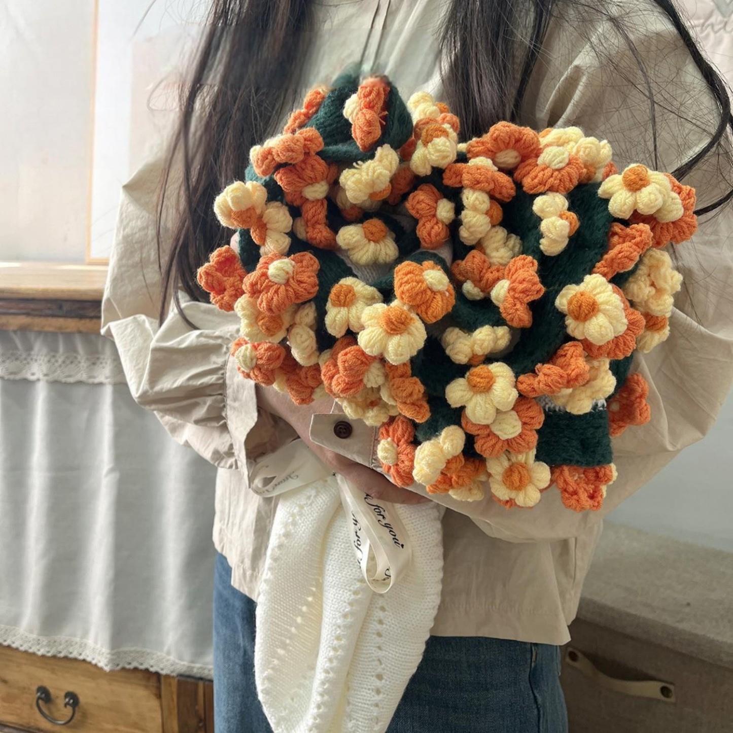 Hand-Knitted Daisy Blanket Bouquet Blanket Ready-Made Hand-Woven Flower Blanket Gift For Mother And Girlfriend