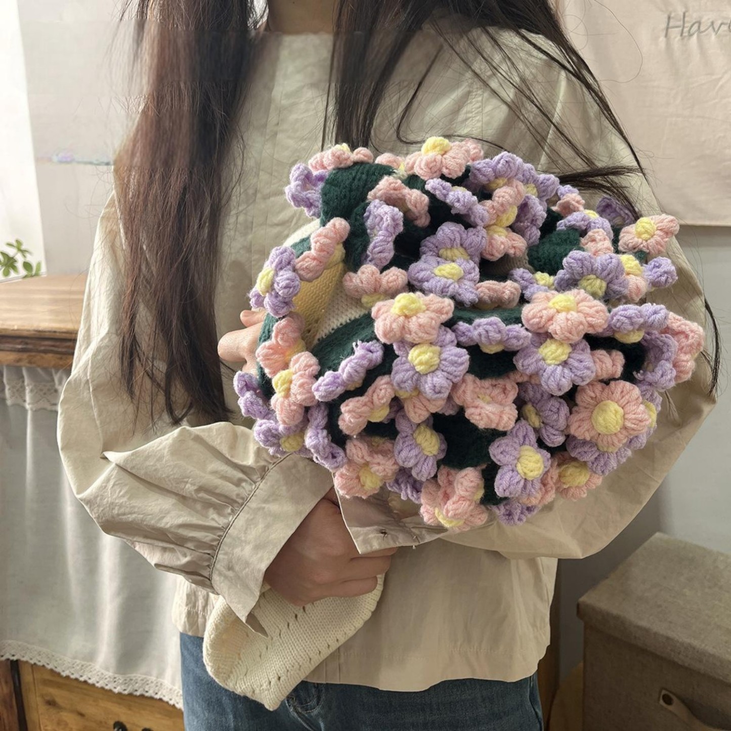 Hand-Knitted Daisy Blanket Bouquet Blanket Ready-Made Hand-Woven Flower Blanket Gift For Mother And Girlfriend