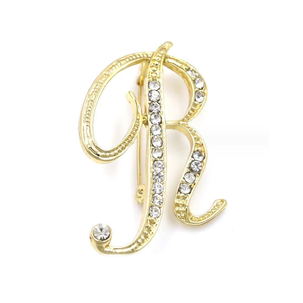 A-Z 26 Letters Pins Brooches Silver/Gold Plated Metal Broaches Pins-Clear Crystal Initial Breastpin - soufeelus