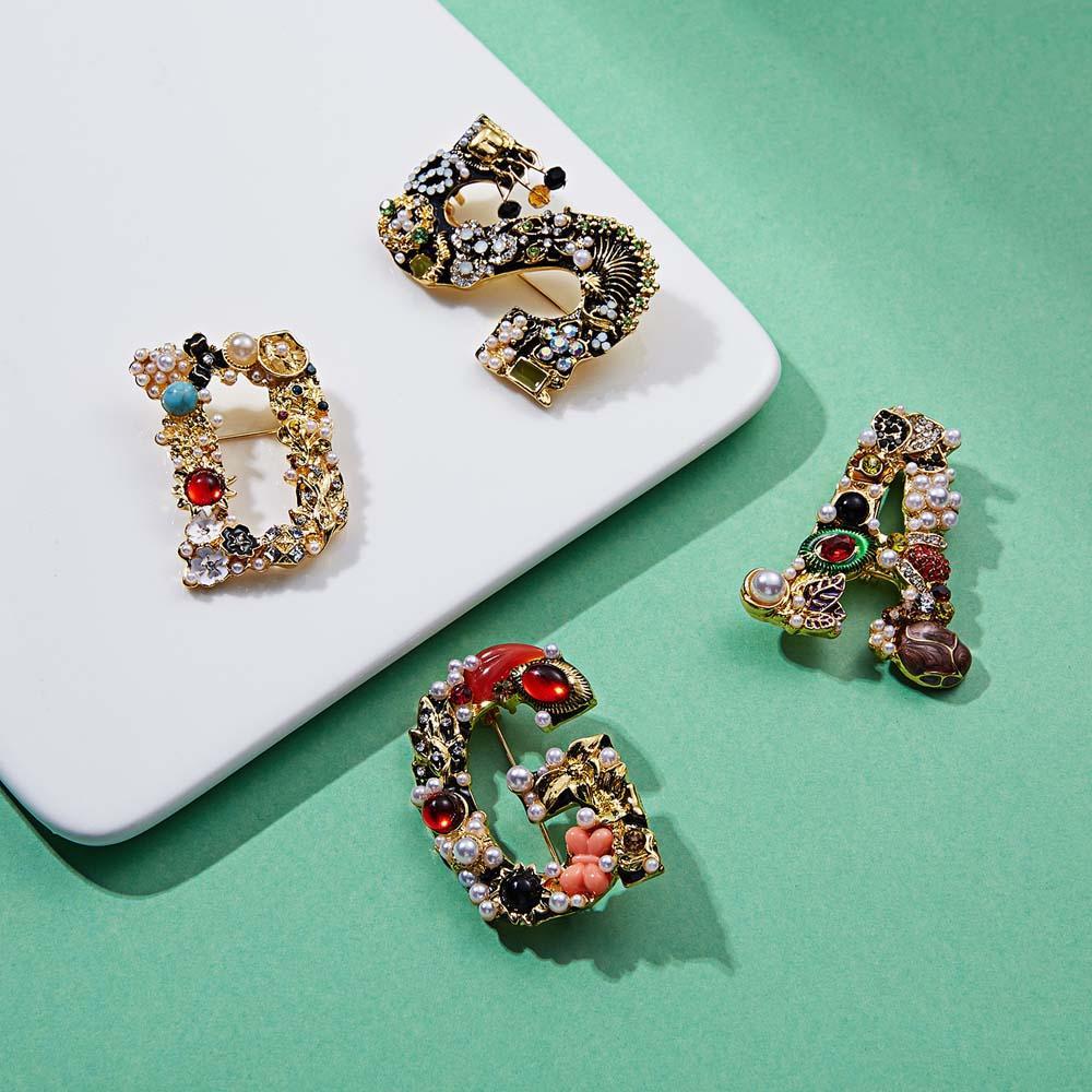 Crystal Pearl Initial Brooch Gold Plated Enamel Colorful Letter Alphabet Breastpin Pin Jewelry for Gifts - soufeelus