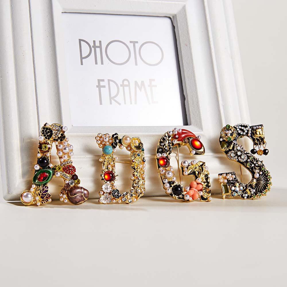 Crystal Pearl Initial Brooch Gold Plated Enamel Colorful Letter Alphabet Breastpin Pin Jewelry for Gifts - soufeelus