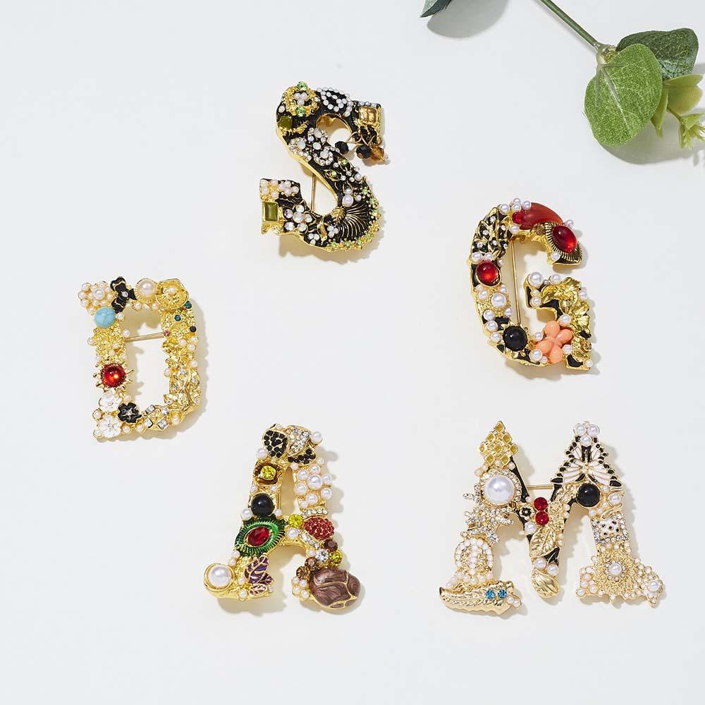 Crystal Pearl Initial Brooch Gold Plated Enamel Colorful Letter Alphabet Breastpin Pin Jewelry for Gifts - soufeelus