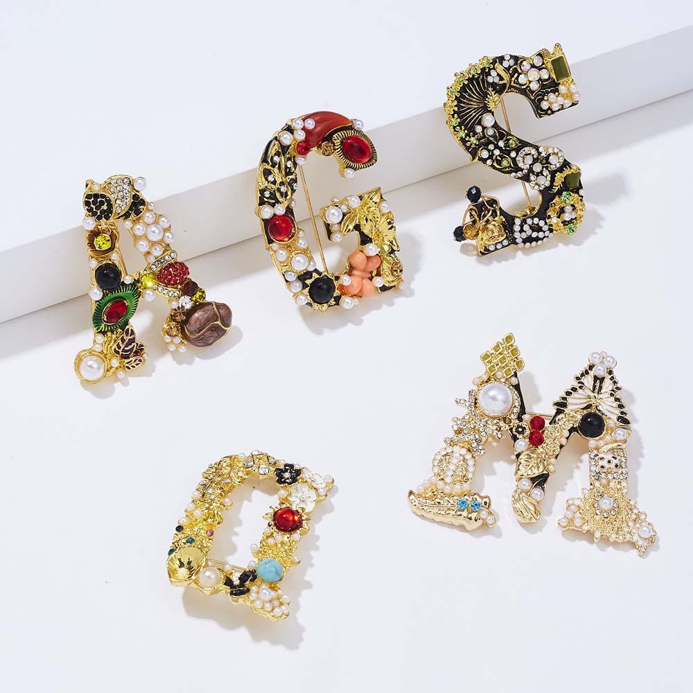 Crystal Pearl Initial Brooch Gold Plated Enamel Colorful Letter Alphabet Breastpin Pin Jewelry for Gifts - soufeelus