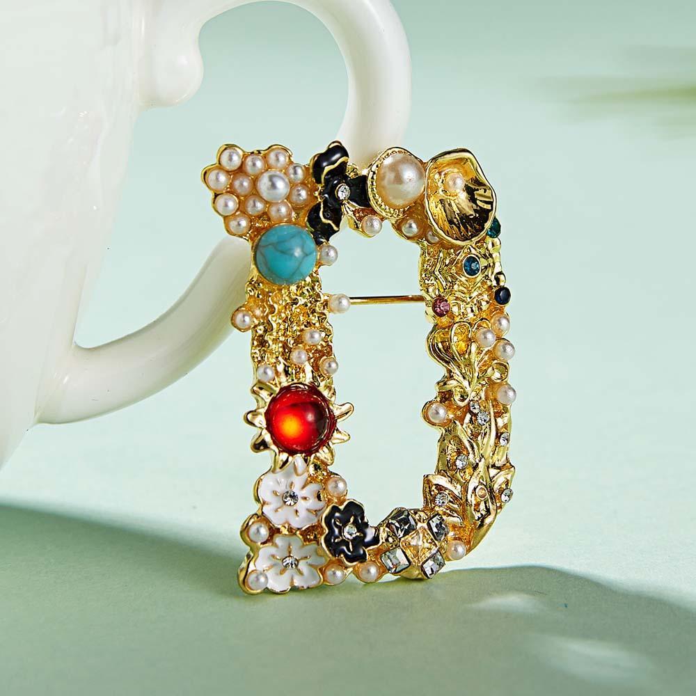 Crystal Pearl Initial Brooch Gold Plated Enamel Colorful Letter Alphabet Breastpin Pin Jewelry for Gifts - soufeelus