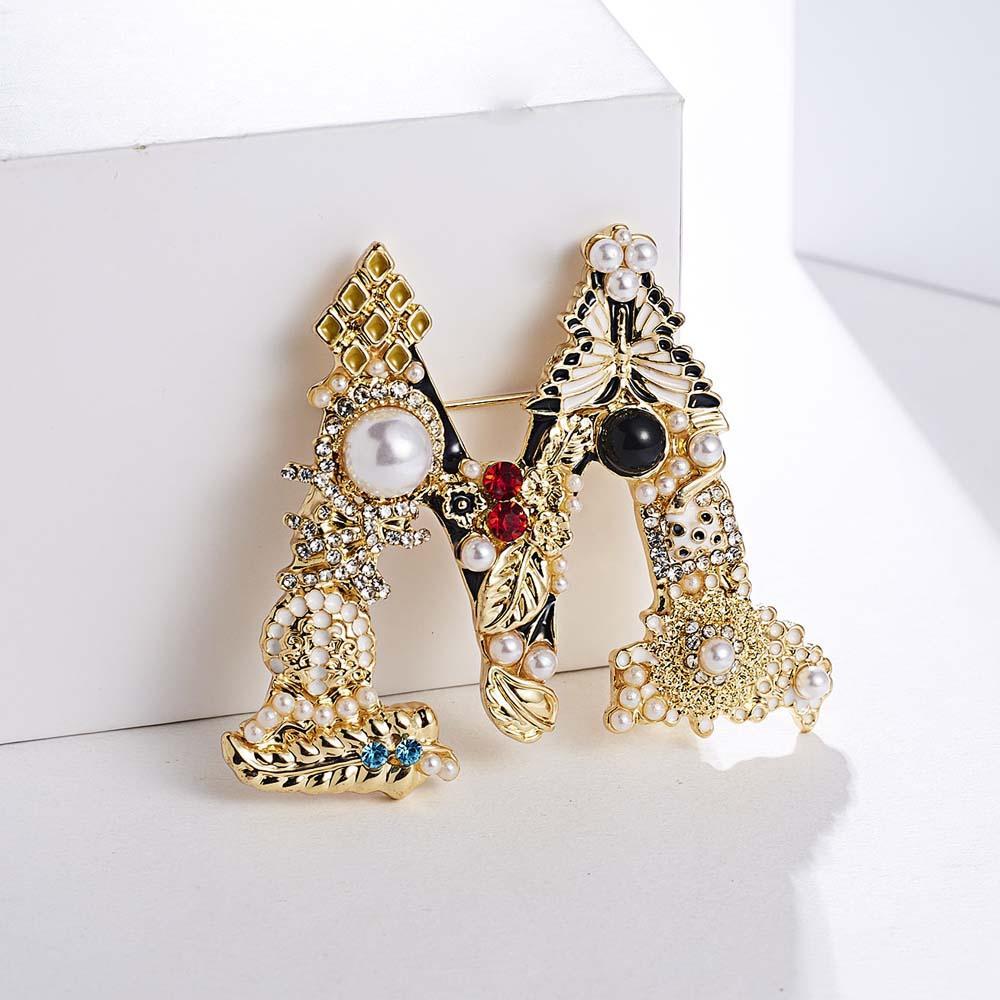 Crystal Pearl Initial Brooch Gold Plated Enamel Colorful Letter Alphabet Breastpin Pin Jewelry for Gifts - soufeelus