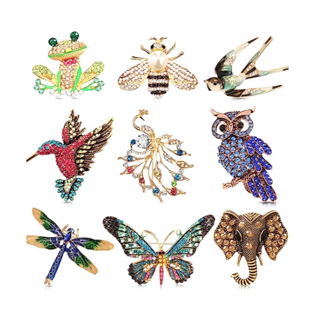 9 Pieces Women Brooches pins Bulk Set Rhinestone Animal Insect Crystal Pins Butterfly Dragonfly Hummingbird Owl Peacock Brooch Pin for Women Christmas Girls Gifts - soufeelus