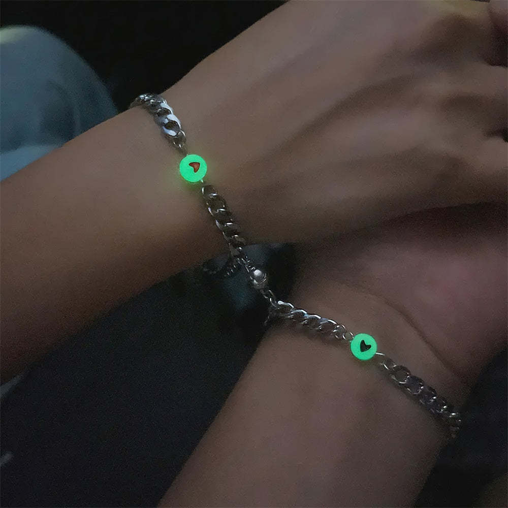 Couple Bracelet Magnet Stainless Steel Chain with Luminous Heart Birthday Gifts Lovers Boyfriend Girlfriend Him Her BFF 2 PCs - soufeelus