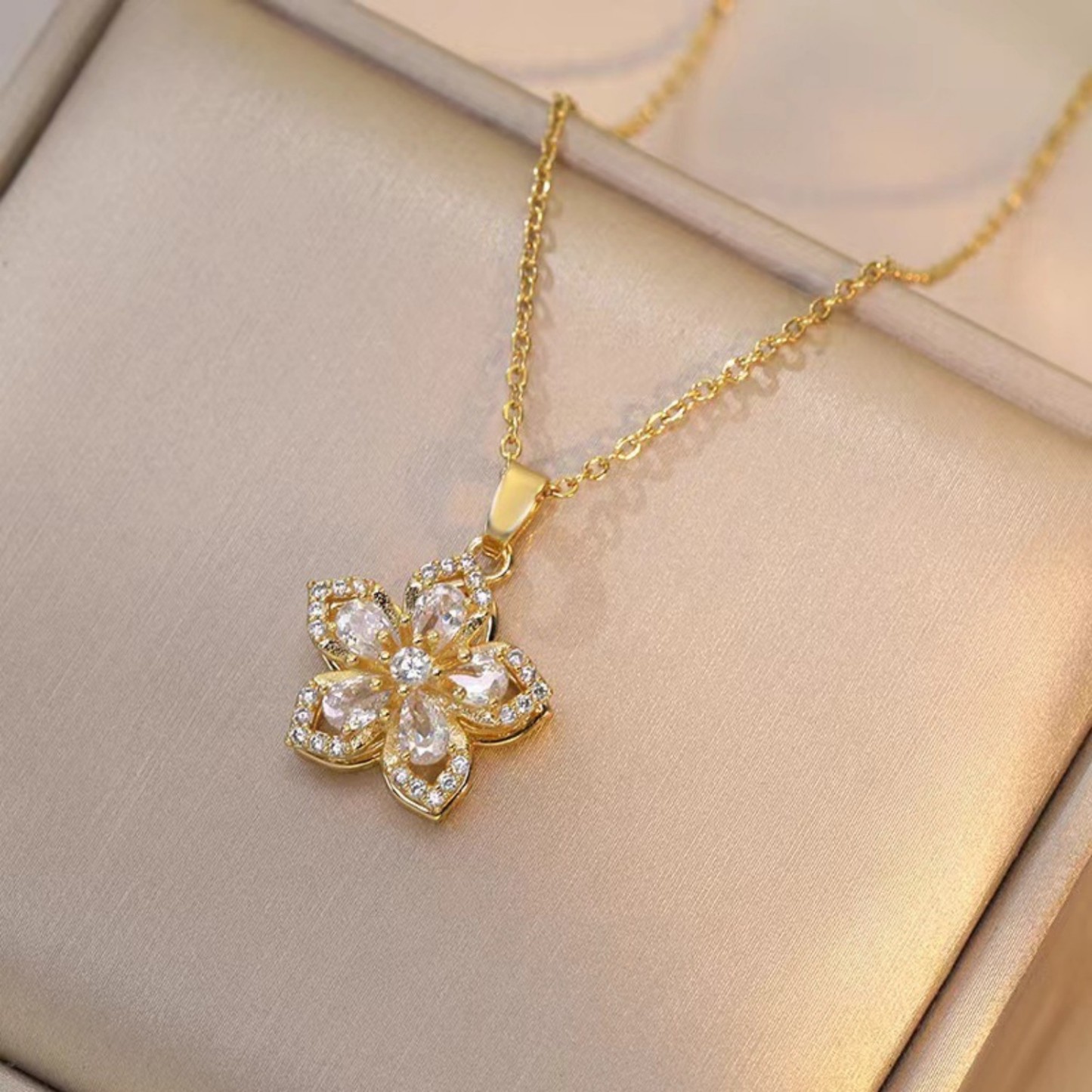 Floral Birthstone Necklace Lotus Flower Gemstone Necklace with Rotating Crystal Flower