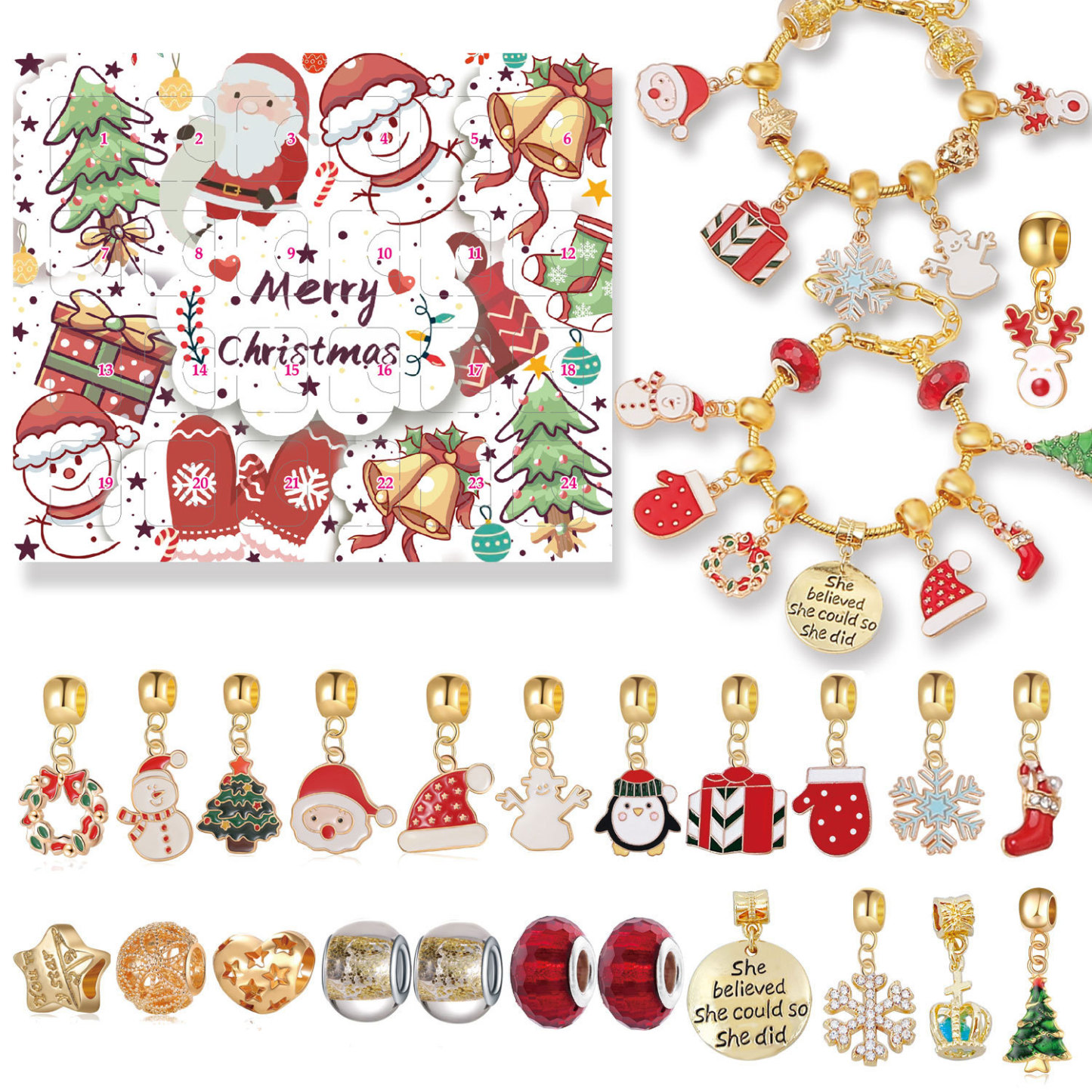 Christmas Charm Countdown Calendar Gift Box Set DIY Charm Jewelry Christmas Tree Bracelet Gift