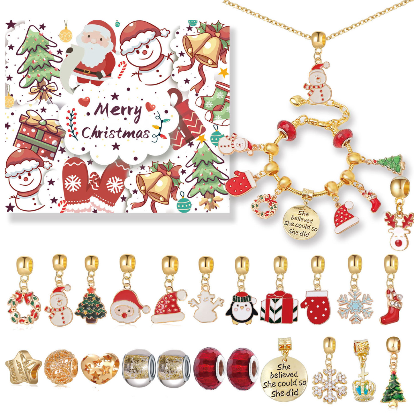 Christmas Charm Countdown Calendar Gift Box Set DIY Charm Jewelry Christmas Tree Bracelet Gift - soufeelus