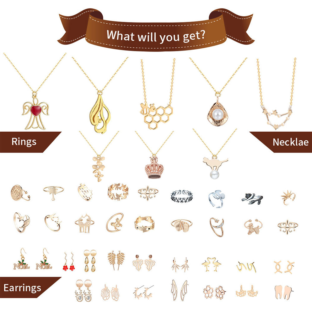 Christmas Box Advent Calendar Jewelry Set Box Ring Necklace Earrings Christmas 24-Piece Set - soufeelus