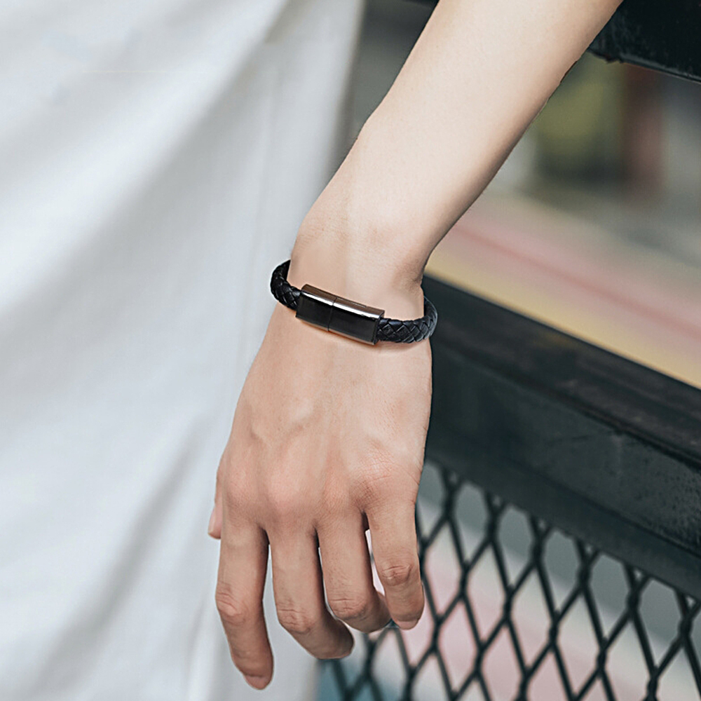 Phone Charging Bracelet - Apple Lightning to USB Cable Bracelet for iPhone, Genuine Braided Leather, Magnetic, Fits with iPad, iPod +AirPods