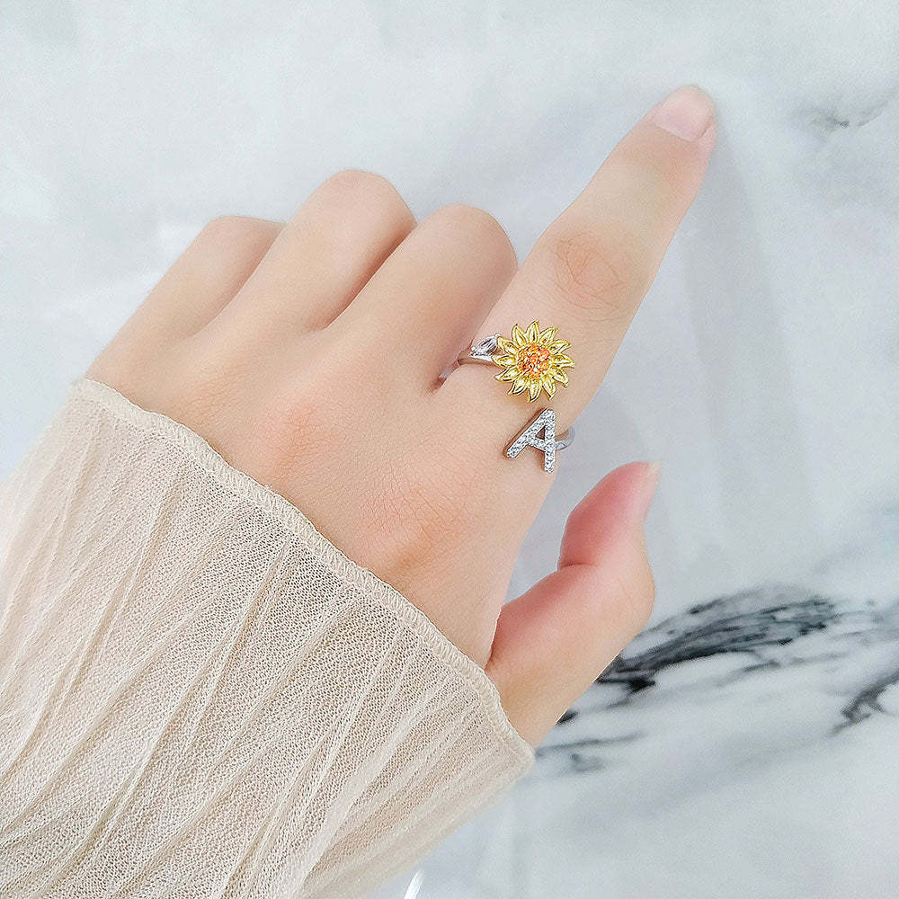 Spinner Ring Sunflower Initial Letter Adjustable Anxiety Fidget Rings for Relieving Stress Ring for Women - soufeelus