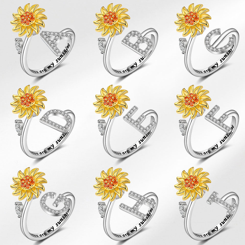 Spinner Ring Sunflower Initial Letter Adjustable Anxiety Fidget Rings for Relieving Stress Ring for Women - soufeelus