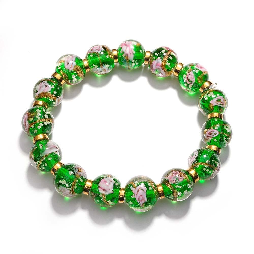 Green with Flowers Firefly Glass Stretch Beaded Bracelet Glow in the Dark Luminous Bracelet - soufeelus