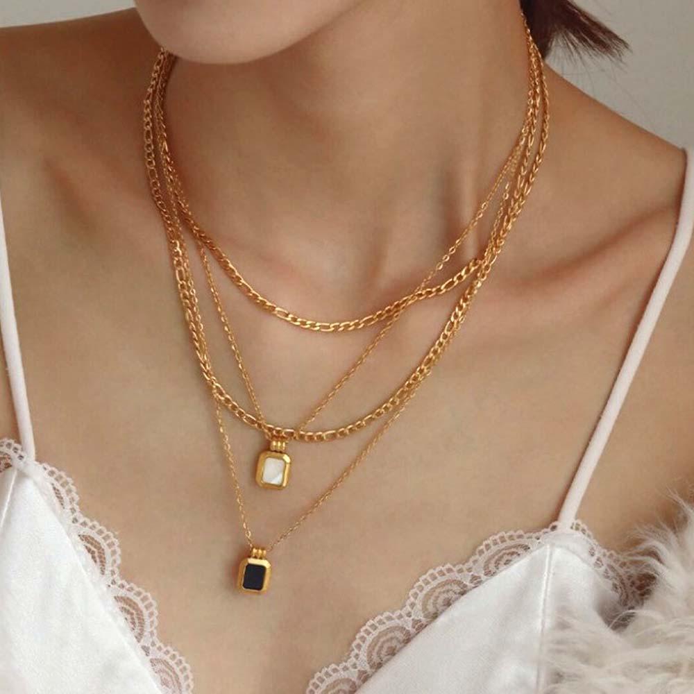 Vintage Gold Double Layered Necklace Set Black/White Necklace Mother of Pearl Necklace - soufeelus